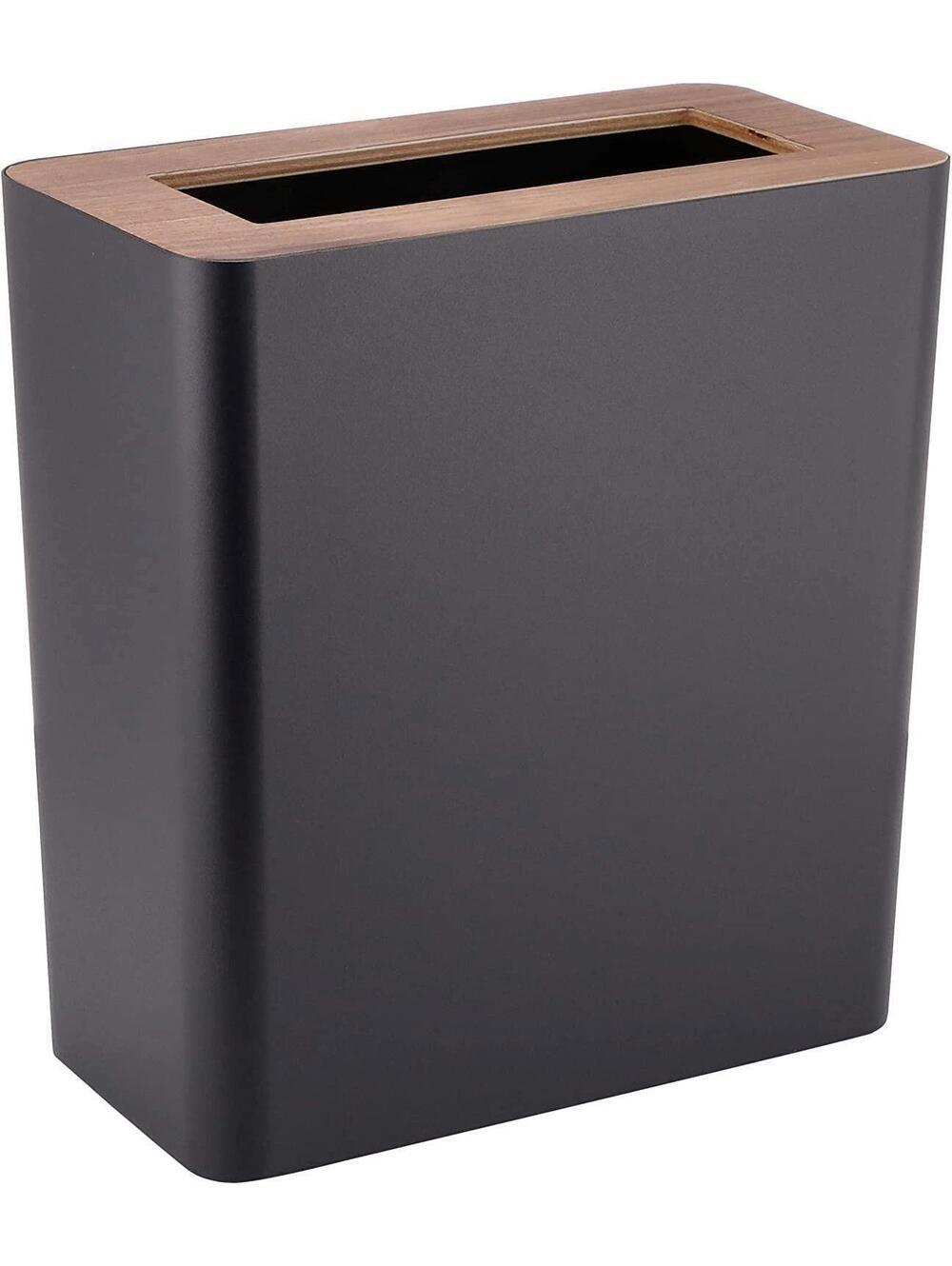 Yamazaki Home Slim Steel + Wood | Trash Can, One Size, Black Walnut